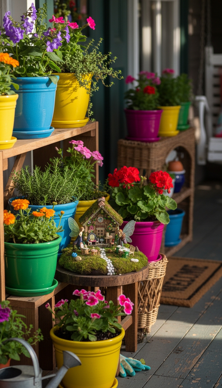 spring front porch ideas - Colorful Ceramic Pots Steal the Show - These colorful ceramic pots steal the show. Each...