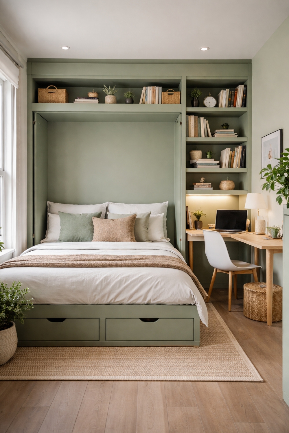 green layout for bedroom - Built-In Shelves Create Calm Green Vibe - These built-in shelves create a calm, uncluttered vibe...