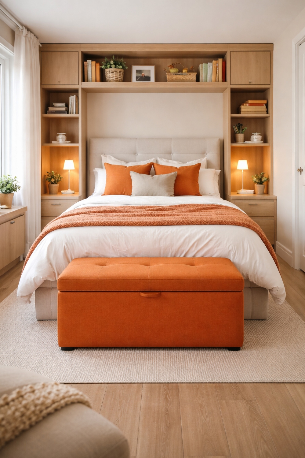 orange layout for bedroom - Built-in Shelves: Orange Bedroom Design - These built-in shelves really catch the eye. They...