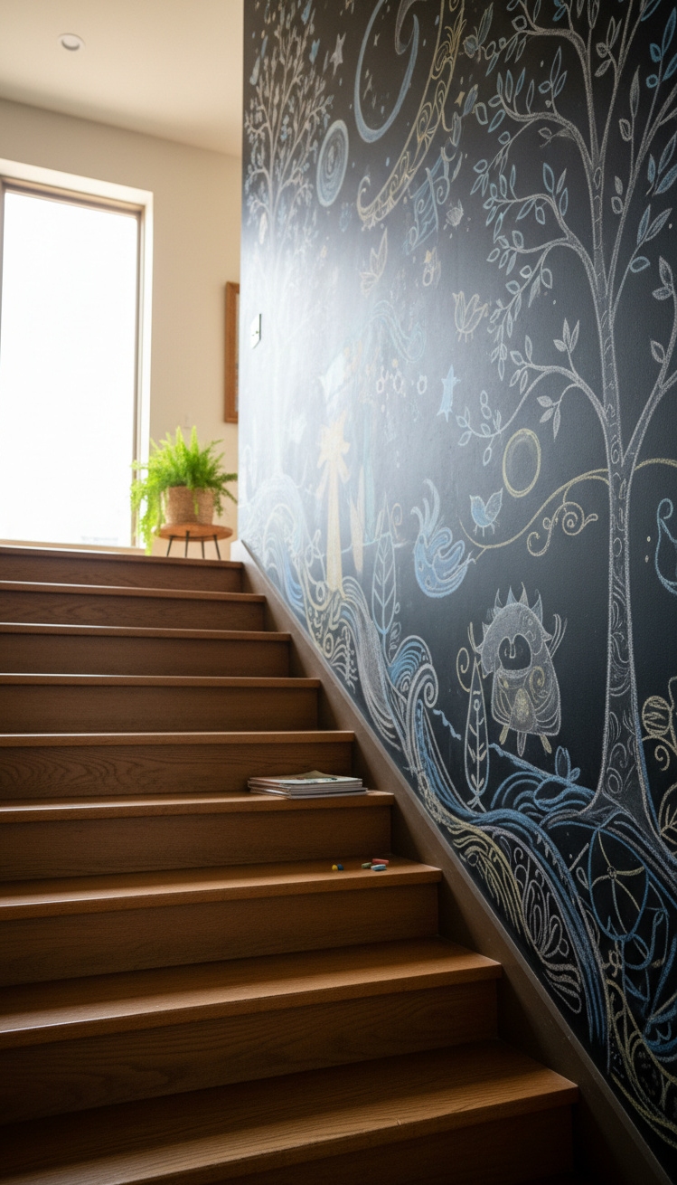 chalkboard wall ideas - Decorative Chalkboard Runs Alongside Staircase - The decorative chalkboard wall runs alongside the staircase,...