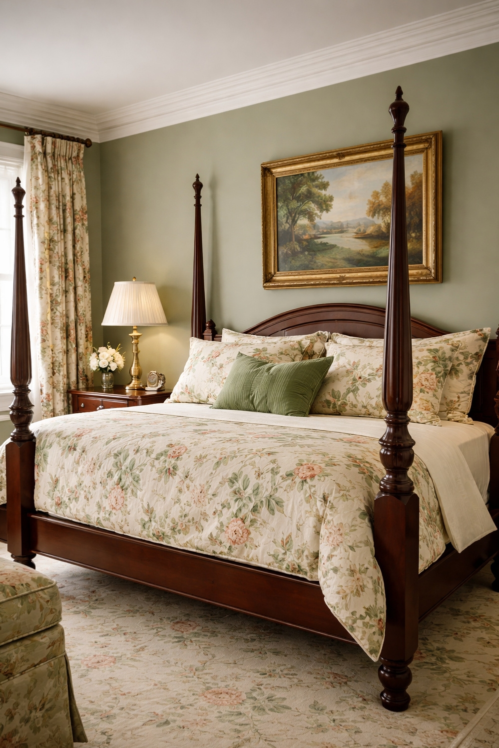 green layout for bedroom - Traditional Green Bedroom: Four-Poster Focus - The four-poster bed anchors this traditional green bedroom...
