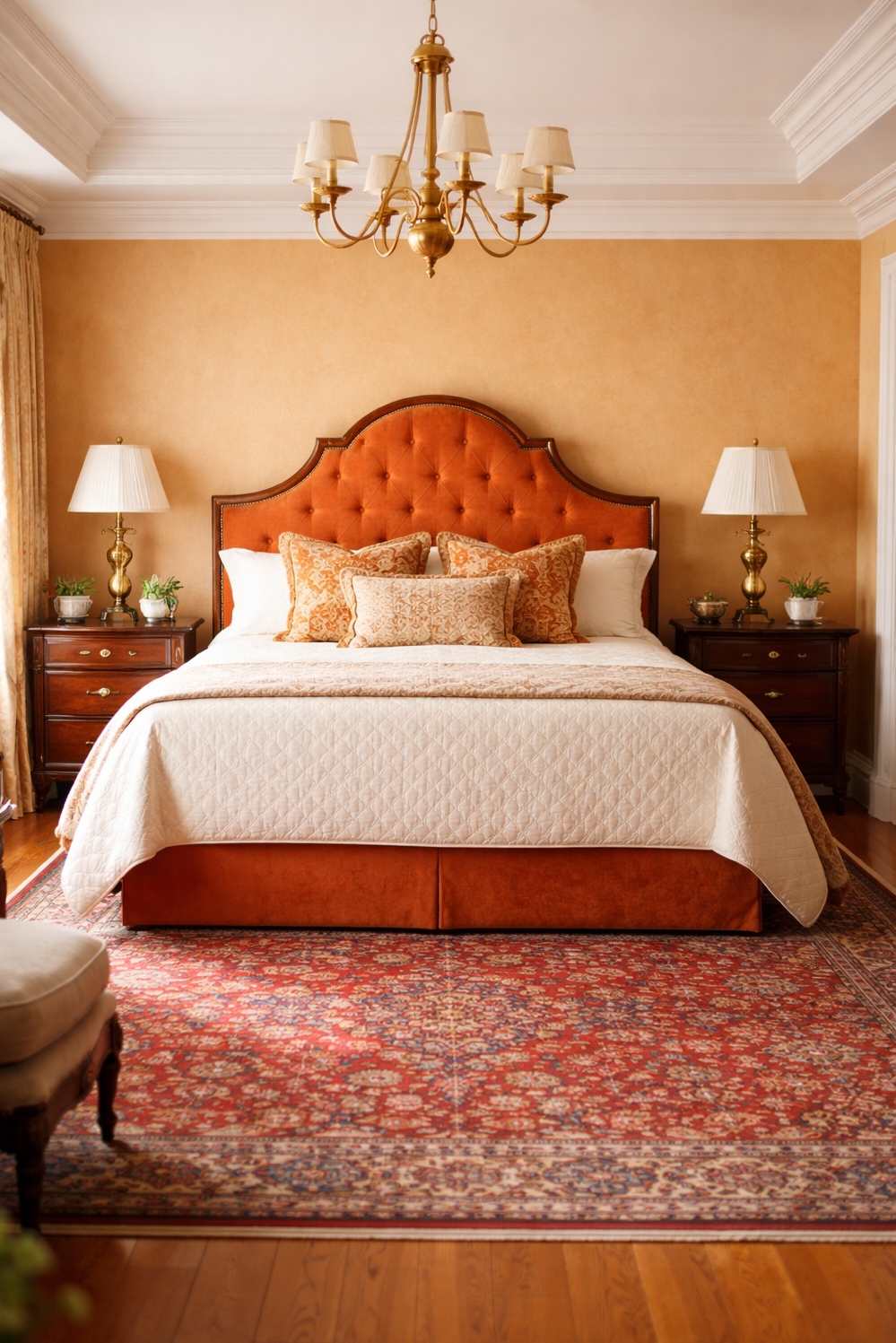 orange layout for bedroom - Inviting Orange Headboard Anchors Bedroom - The orange headboard, plush and inviting, anchors this...