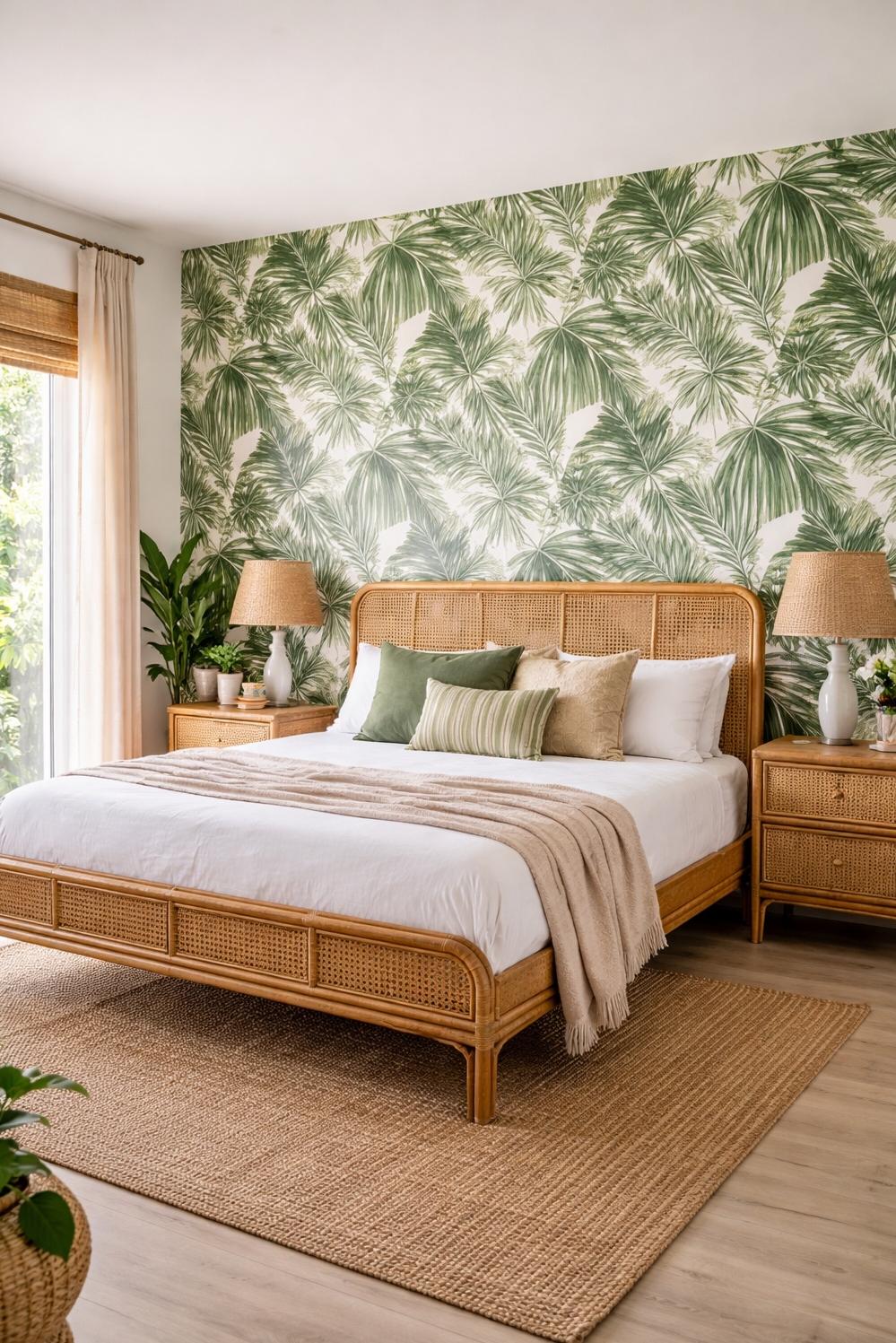 green layout for bedroom - Palm Leaf Wallpapers: Tropical Bedroom Feel - These palm leaf wallpapers create a tropical feel....
