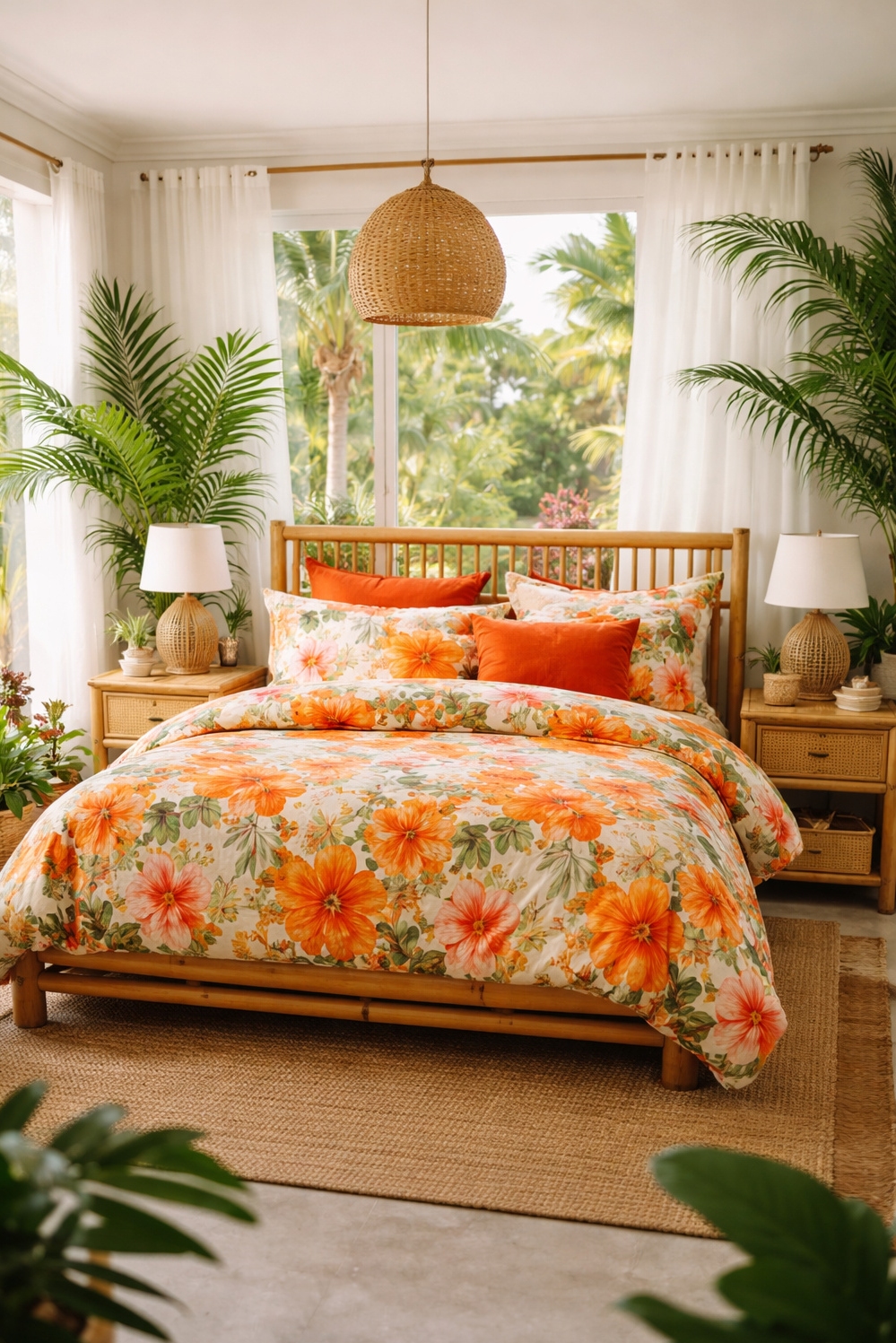 orange layout for bedroom - Floral Beddings Command Tropical Attention - These orange floral beddings command attention in this...