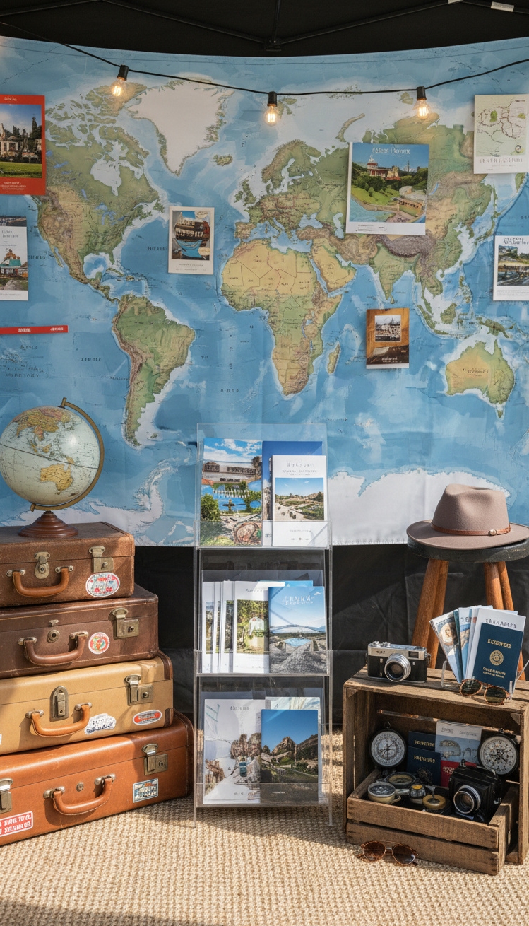 vendor booth ideas - Travel-Themed Booth: Anchoring World Design - The world map backdrop anchors this travel-themed vendor...