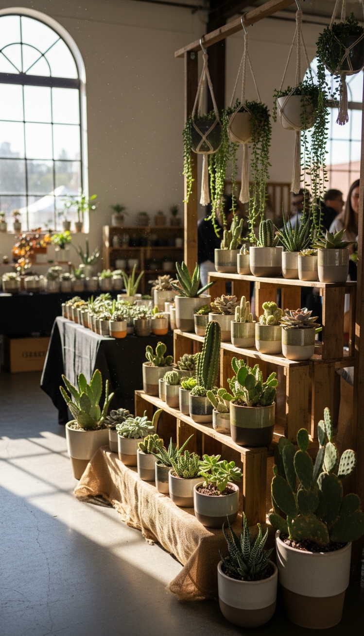vendor booth ideas - Tiered Shelves: Succulent Vendor Display - These tiered shelves display a variety of succulents...