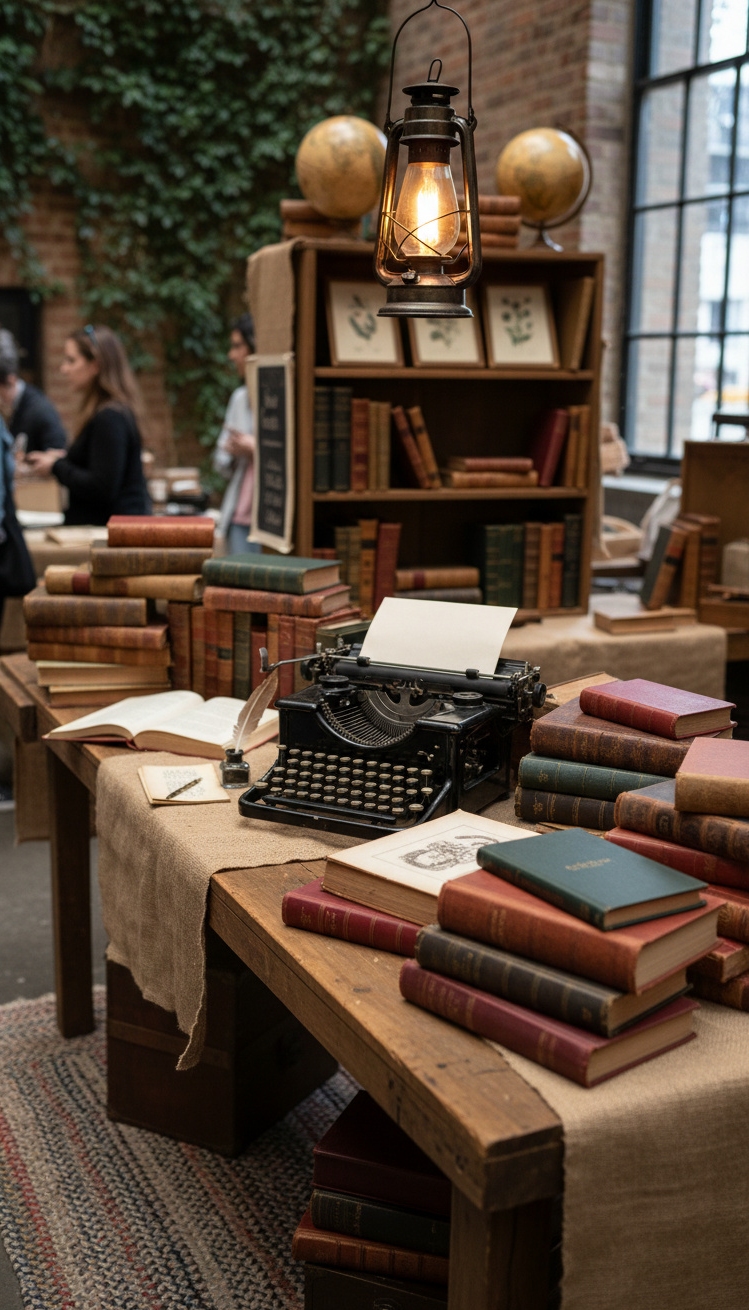 vendor booth ideas - Antique Books Create Tactile Vendor Feast - These stacks of antique books create a tactile...