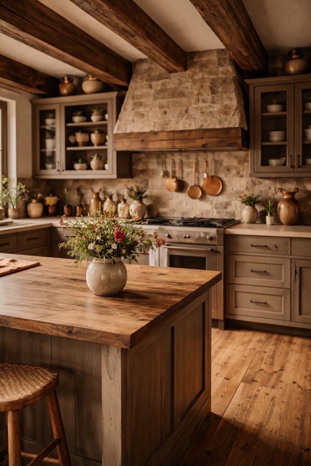 16 Ways to Design a Gorgeous earthy kitchen - Exposed Beams Steal Kitchen Show - The exposed wooden beams steal the show in...