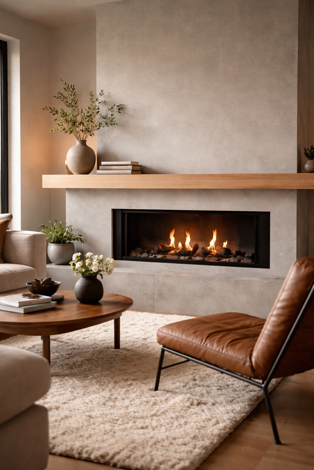 living room modern decor aesthetic - Living Room: Angled View Warms - The light from the fireplace in this angled...