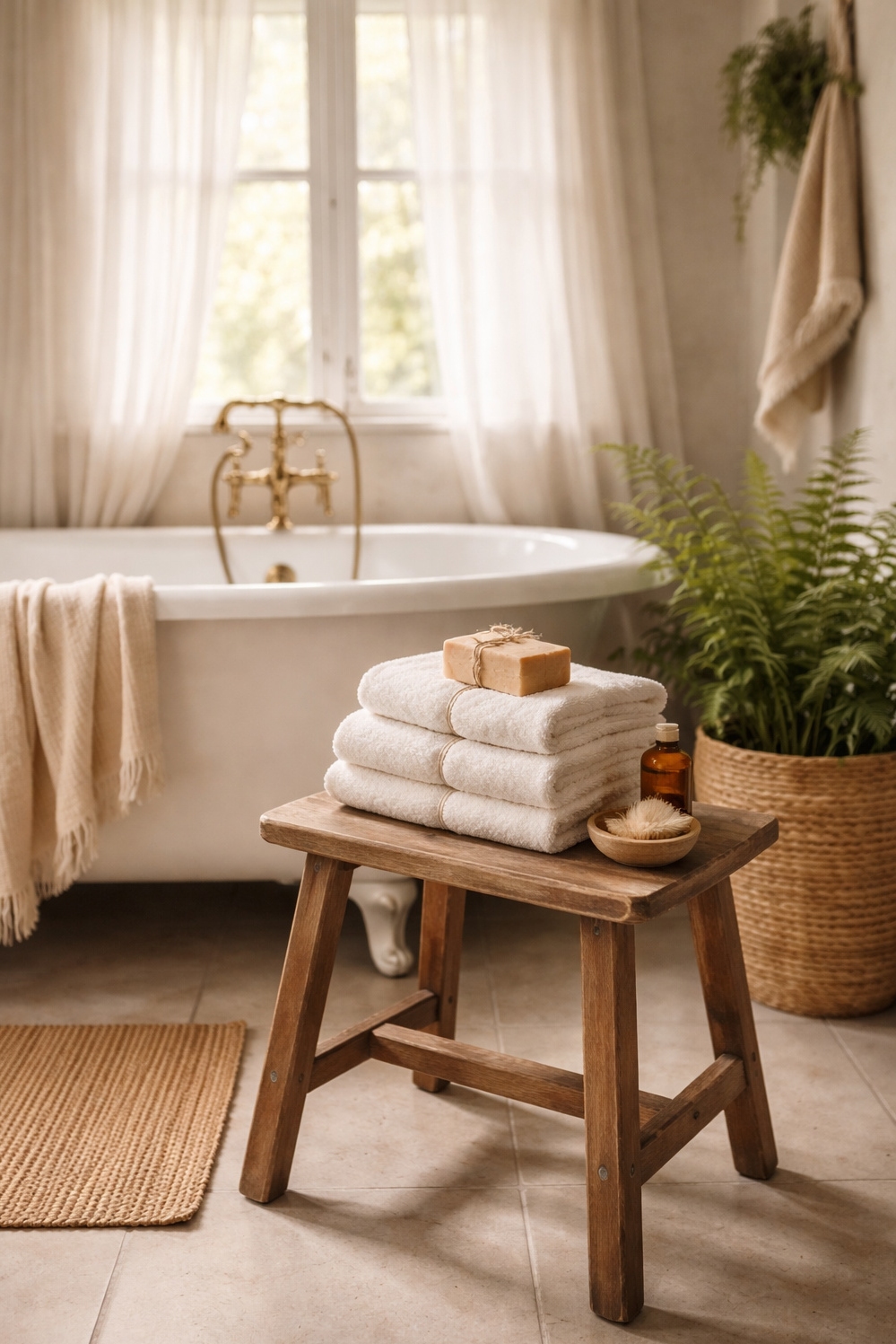 earthy cottage home decor - Clawfoot Tub: Bathroom Vignette Anchor - The clawfoot tub anchors this earthy cottage bathroom...