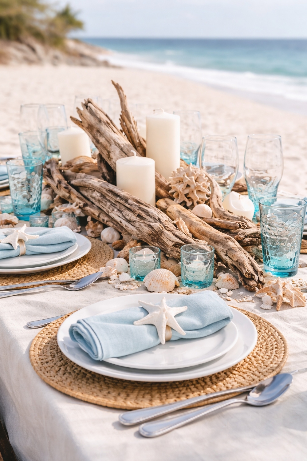 fun natural table settings - Driftwood Centerpieces Anchor Beachside Setting - Driftwood centerpieces anchor this beachside setting, showcasing how...