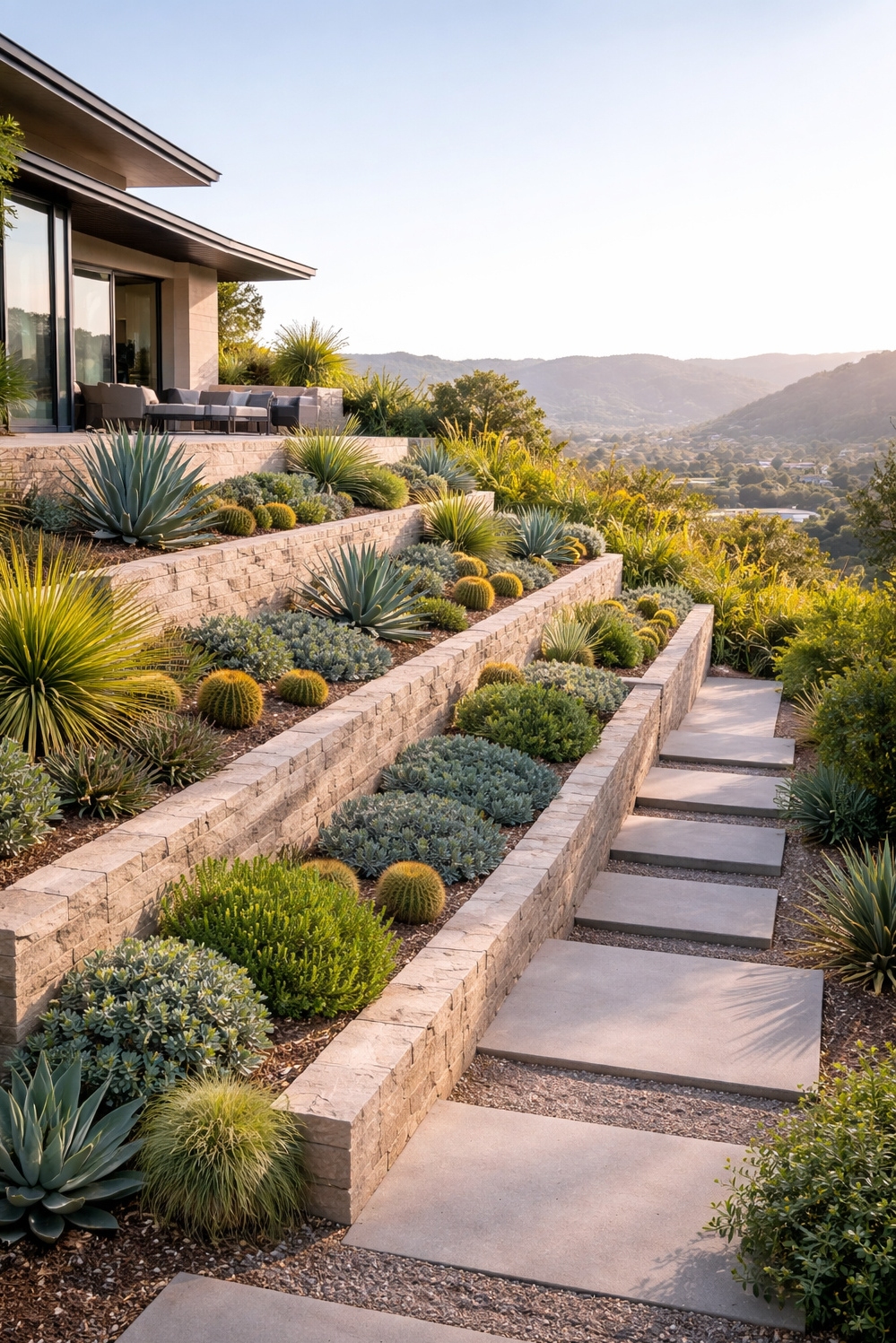 Modern landscape architecture - Terraced Stone Walls: Carved Garden Depth - These stone retaining walls carve out a terraced...