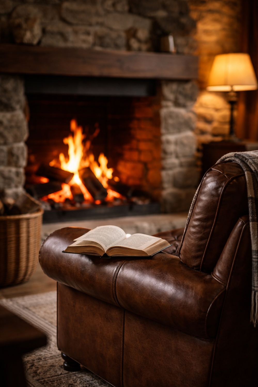 cosy reading rooms - Crackling Fireplace Takes Center Stage - The crackling fireplace takes center stage in this...