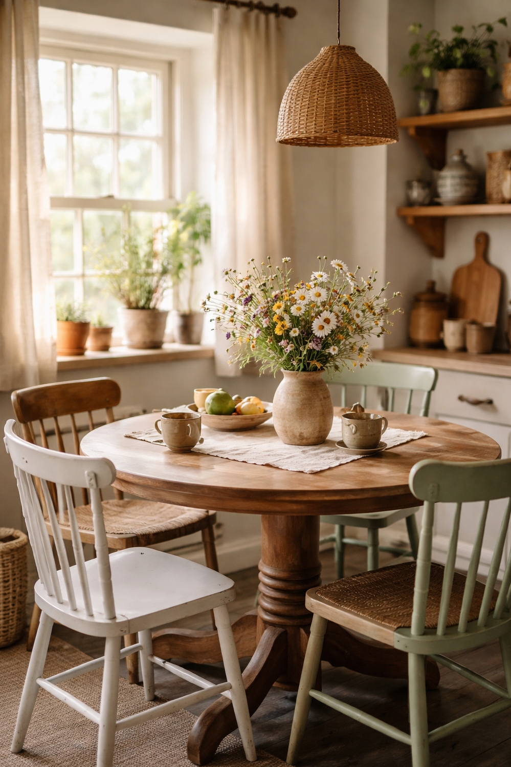 earthy cottage home decor - Mismatched Chairs Around Wooden Table - These mismatched chairs around the round wooden table...