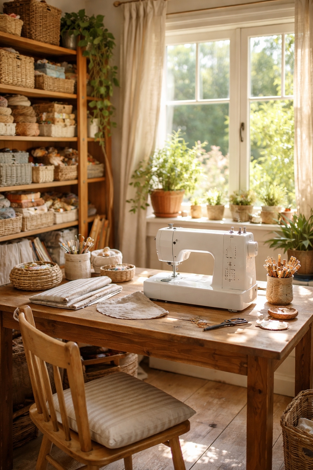 earthy cottage home decor - Wooden Table Anchors Craft Room - The wooden table anchors this earthy cottage craft...