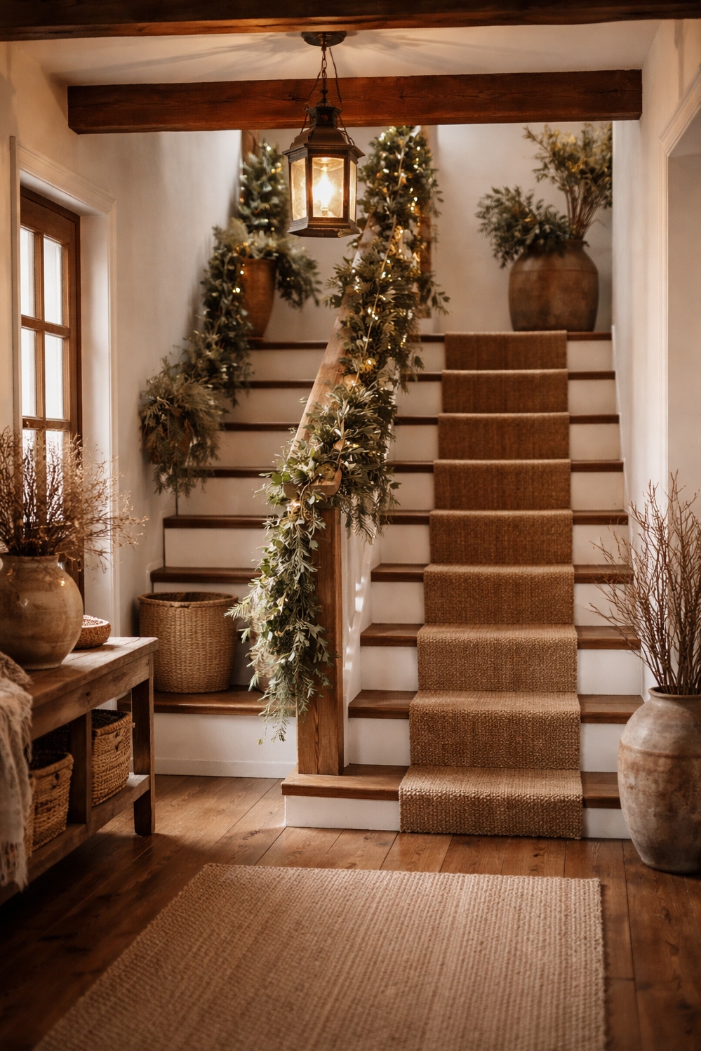 earthy cottage home decor - Wooden Staircase: Earthy Cottage Anchors - The wooden staircase anchors this earthy cottage home...