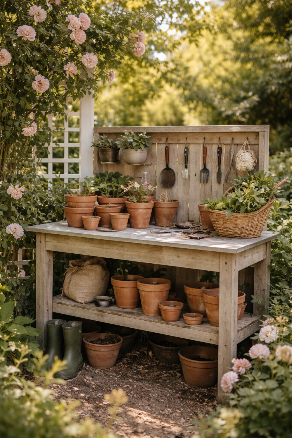 earthy cottage home decor - Potting Bench Anchors Garden Decor - The potting bench anchors this earthy cottage home...