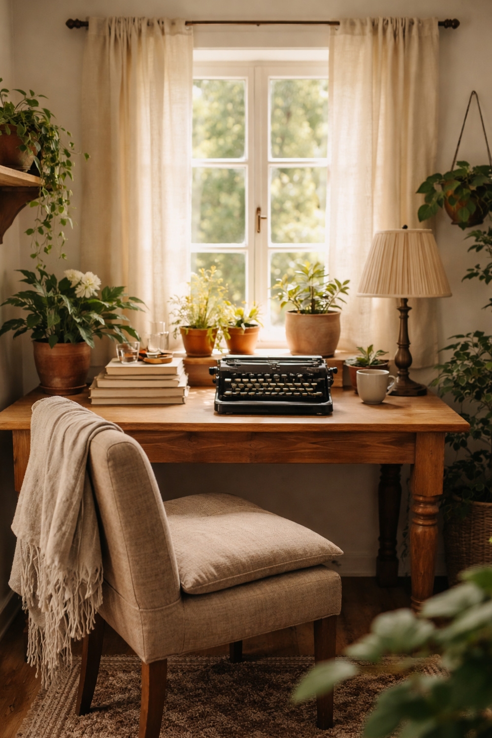 earthy cottage home decor - Wooden Desk Anchors Cottage Office - The wooden desk anchors this earthy cottage home...