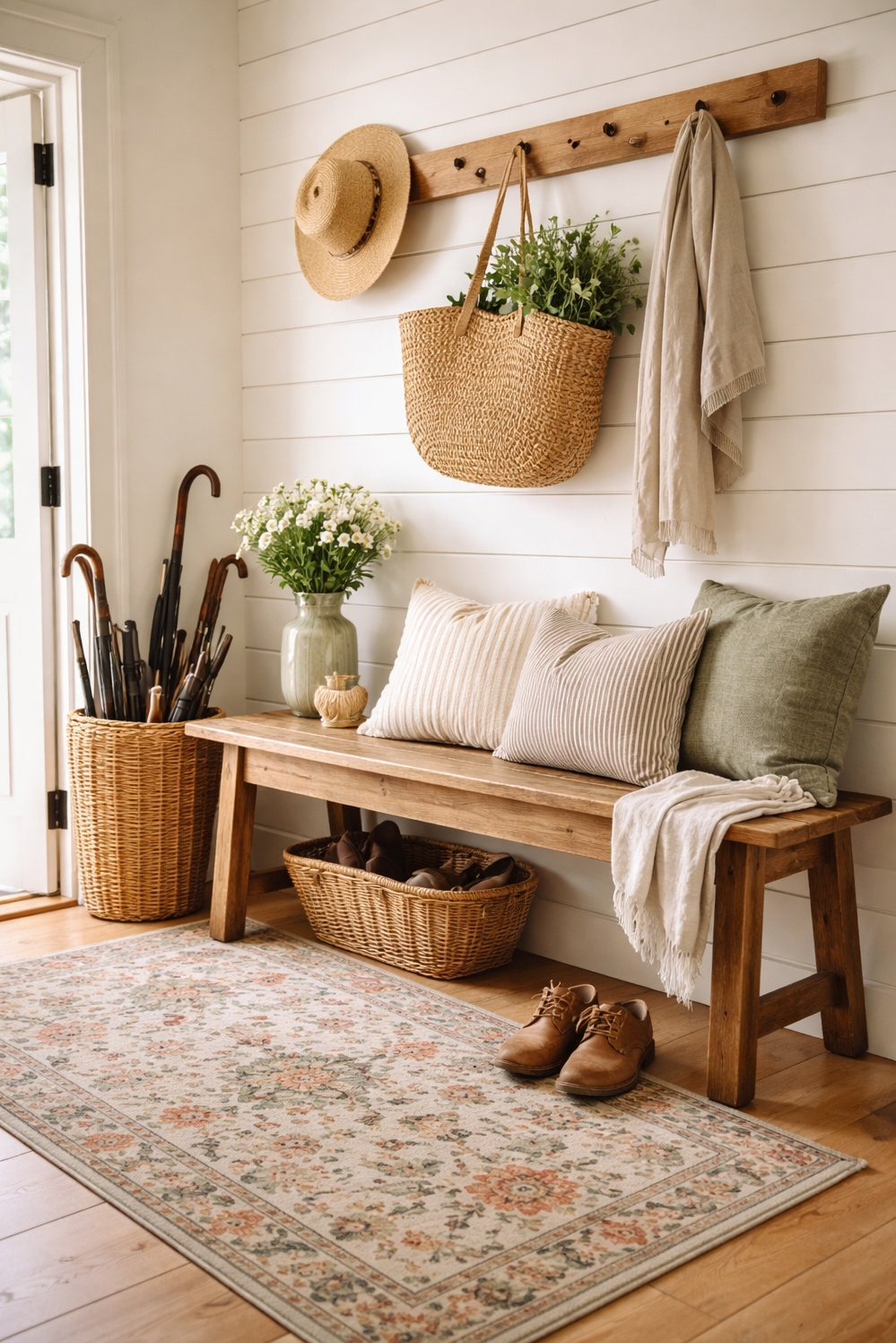 earthy cottage home decor - Vintage Bench Anchors Earthy Entryway - The vintage wooden bench anchors this entryway, showcasing...