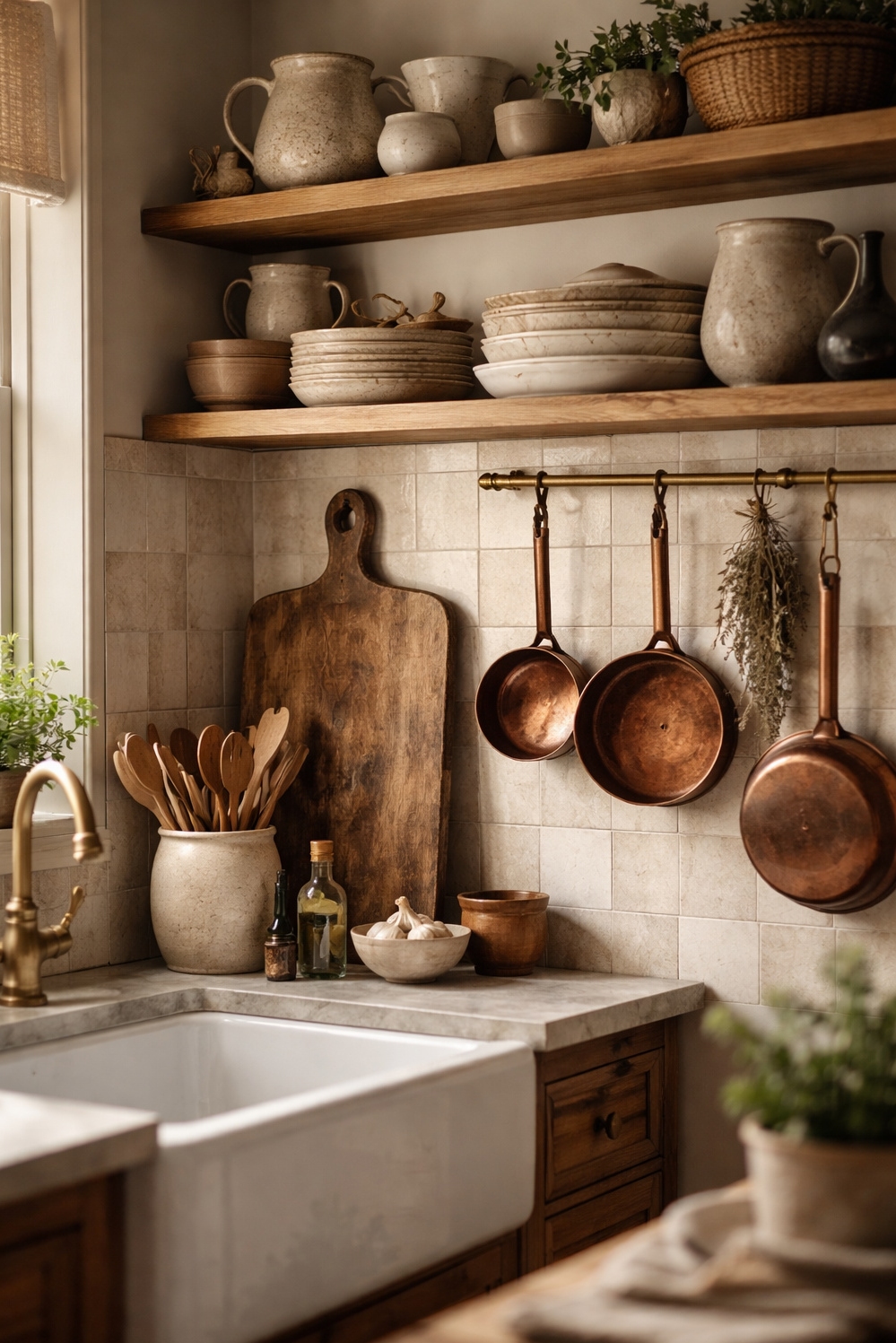 earthy cottage home decor - Open Shelves Steal the Kitchen Show - These open shelves steal the show in this...