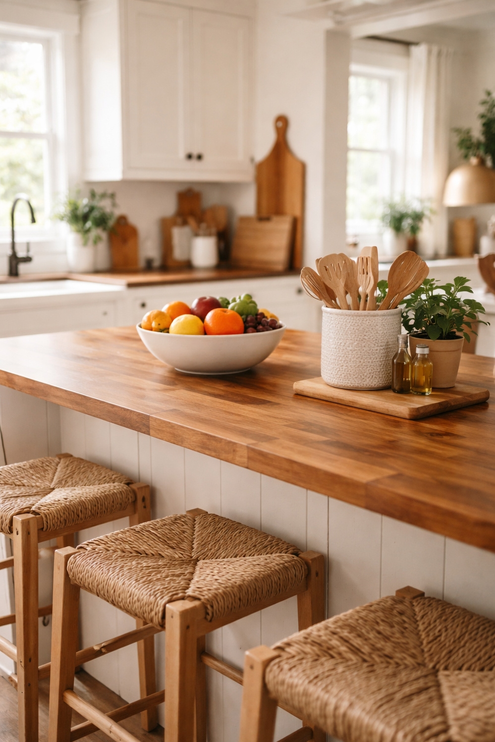 earthy cottage home decor - Butcher Block Island: Warm Kitchen Looks - The butcher block on this kitchen island looks...