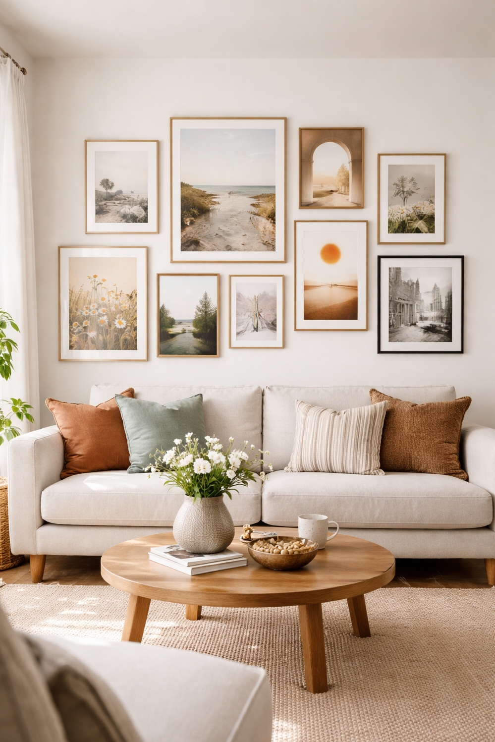 living room modern decor aesthetic - Gallery Wall Anchors Modern Living - The gallery wall anchors this living room modern...