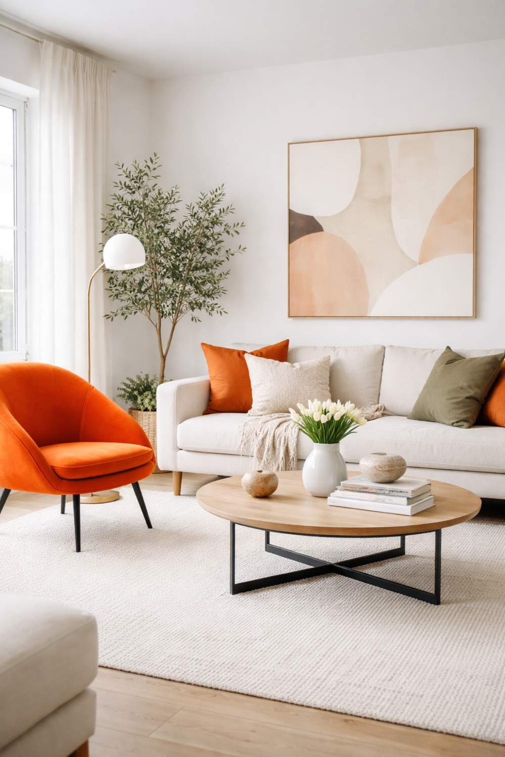 living room modern decor aesthetic - Orange Chair Grabs Living Room Attention - That orange chair grabs your attention right away....
