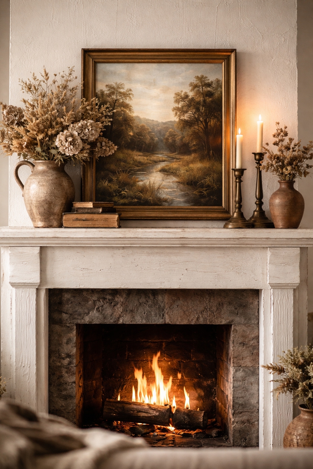 earthy cottage home decor - Decorated Mantel: Earthy Cottage Finds - The mantel, close to the camera, is decorated...