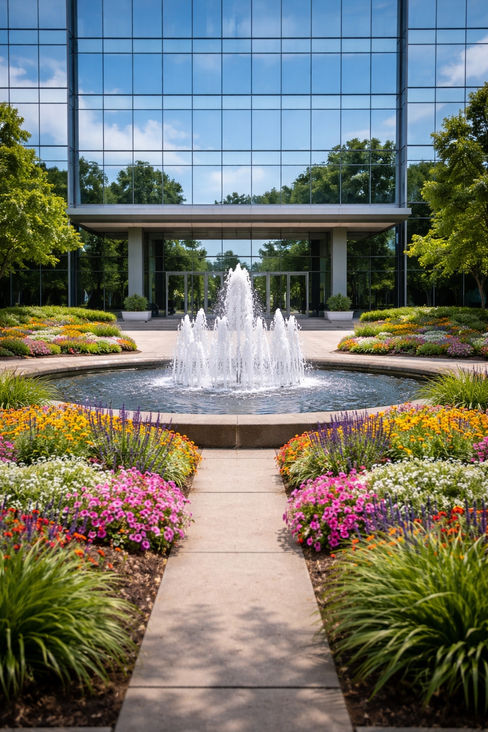 Modern landscape architecture - Water Fountain Anchors Modern Scene - The water fountain anchors this scene, its gentle...