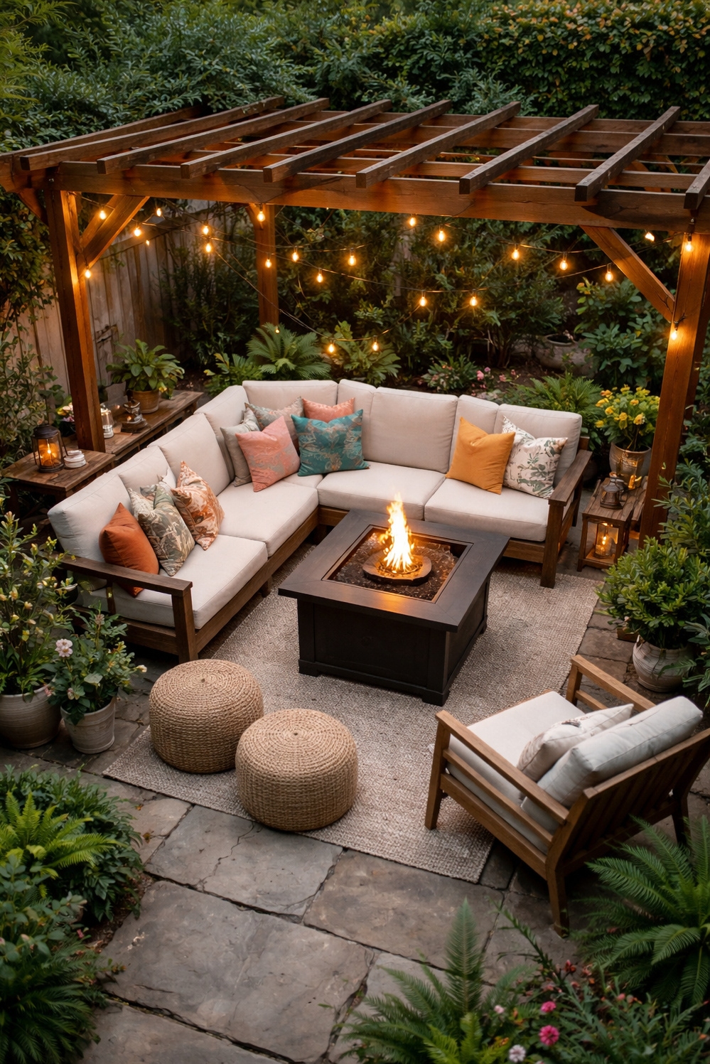 summer backyard patio ideas - Cozy Patio: String Lights Create Glow - The string lights create a soft glow in...