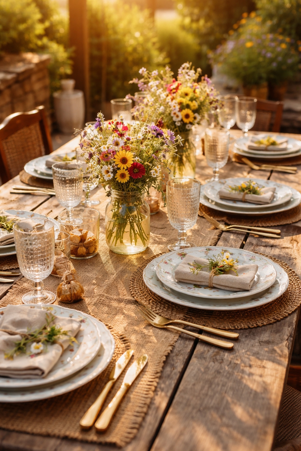 fun natural table settings - Wildflowers Steal the Table Setting Show - These wildflowers steal the show. Arranged casually in...