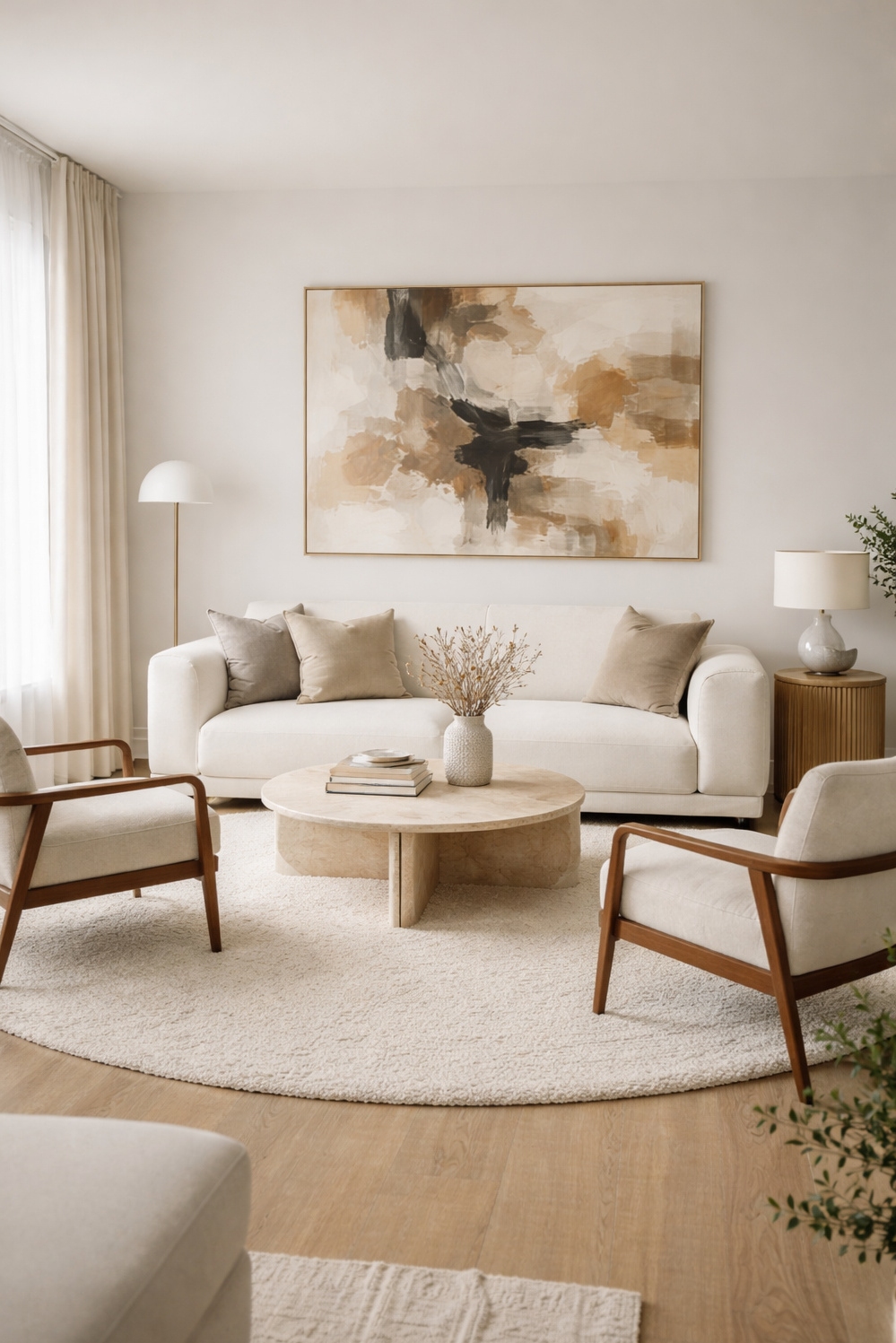 living room modern decor aesthetic - Circular Rug Pulls Room Together - The circular rug really pulls this modern living...