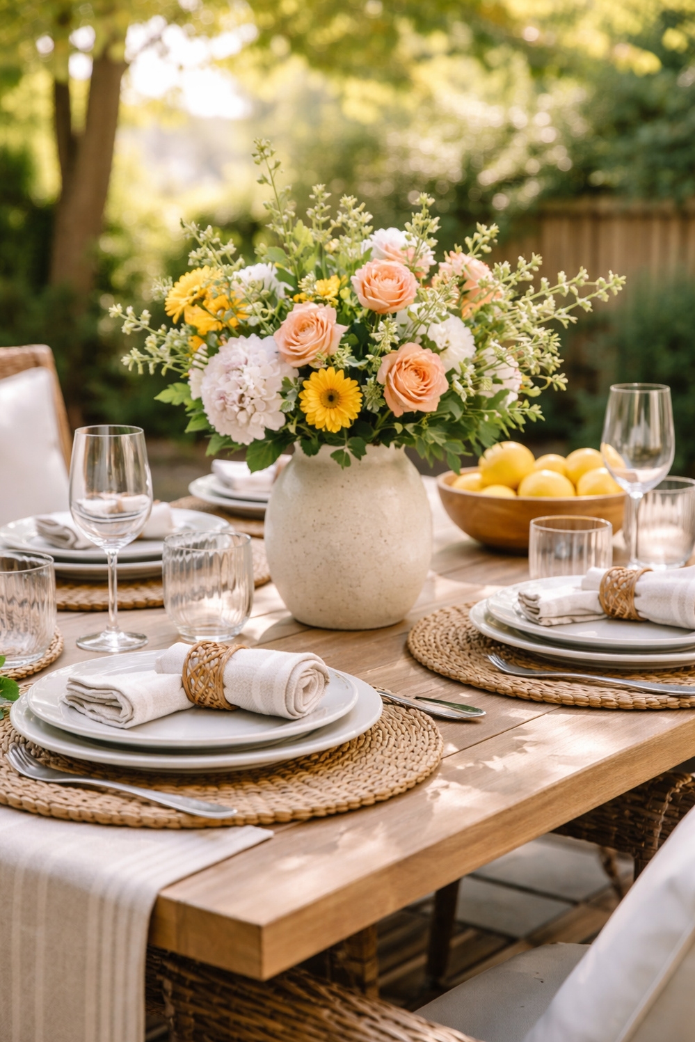 summer backyard patio ideas - Woven Placemats Anchor Summer Dining Setup - The woven placemats anchor this summer dining setup....