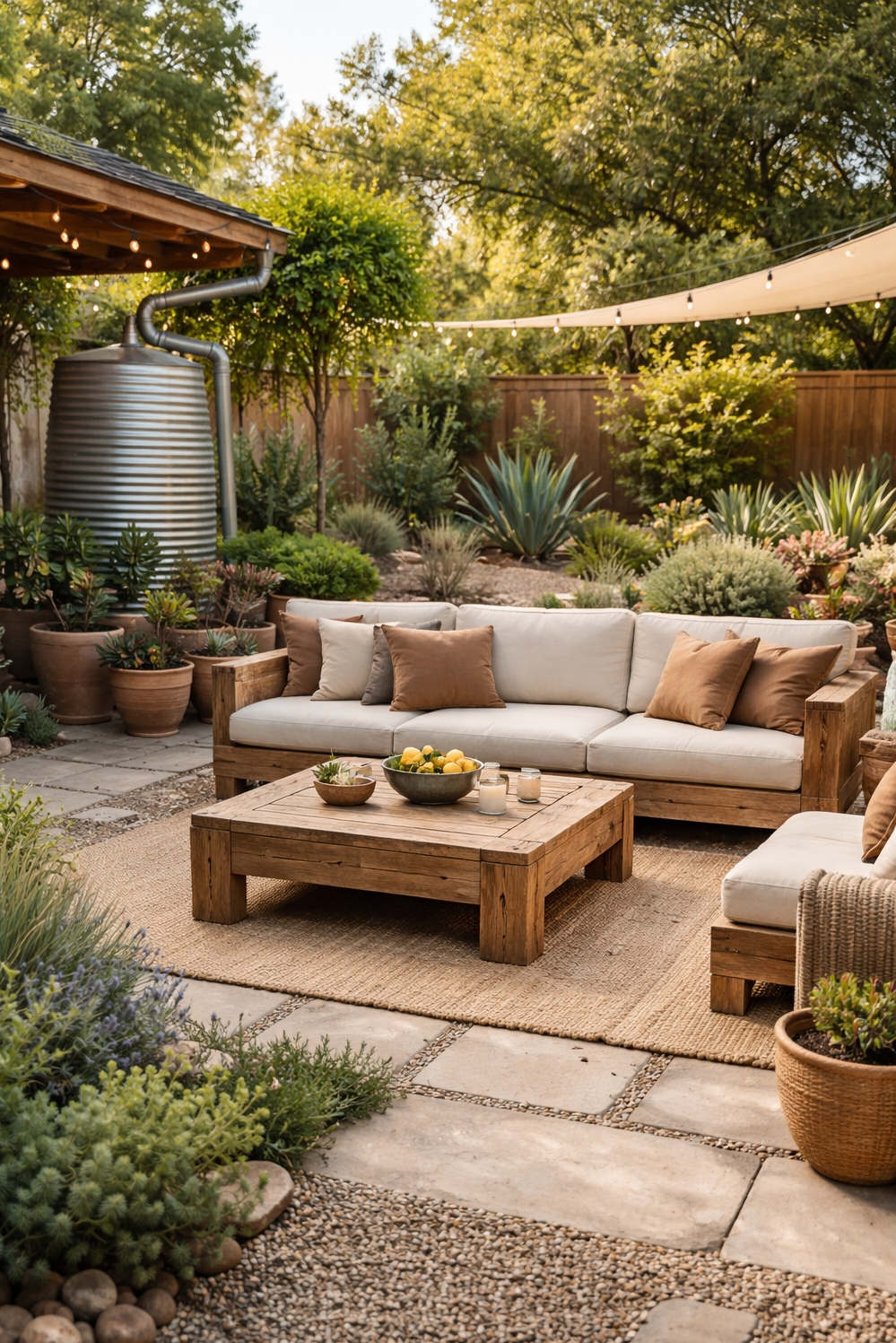 summer backyard patio ideas - Natural Wood Anchors Backyard Patio - The natural wood furniture anchors this backyard patio....
