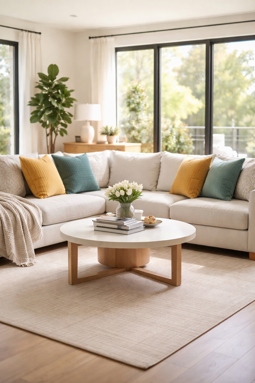living room modern decor aesthetic - Bright Living Room: Gray Sectional Anchor - The light gray sectional is the anchor in...
