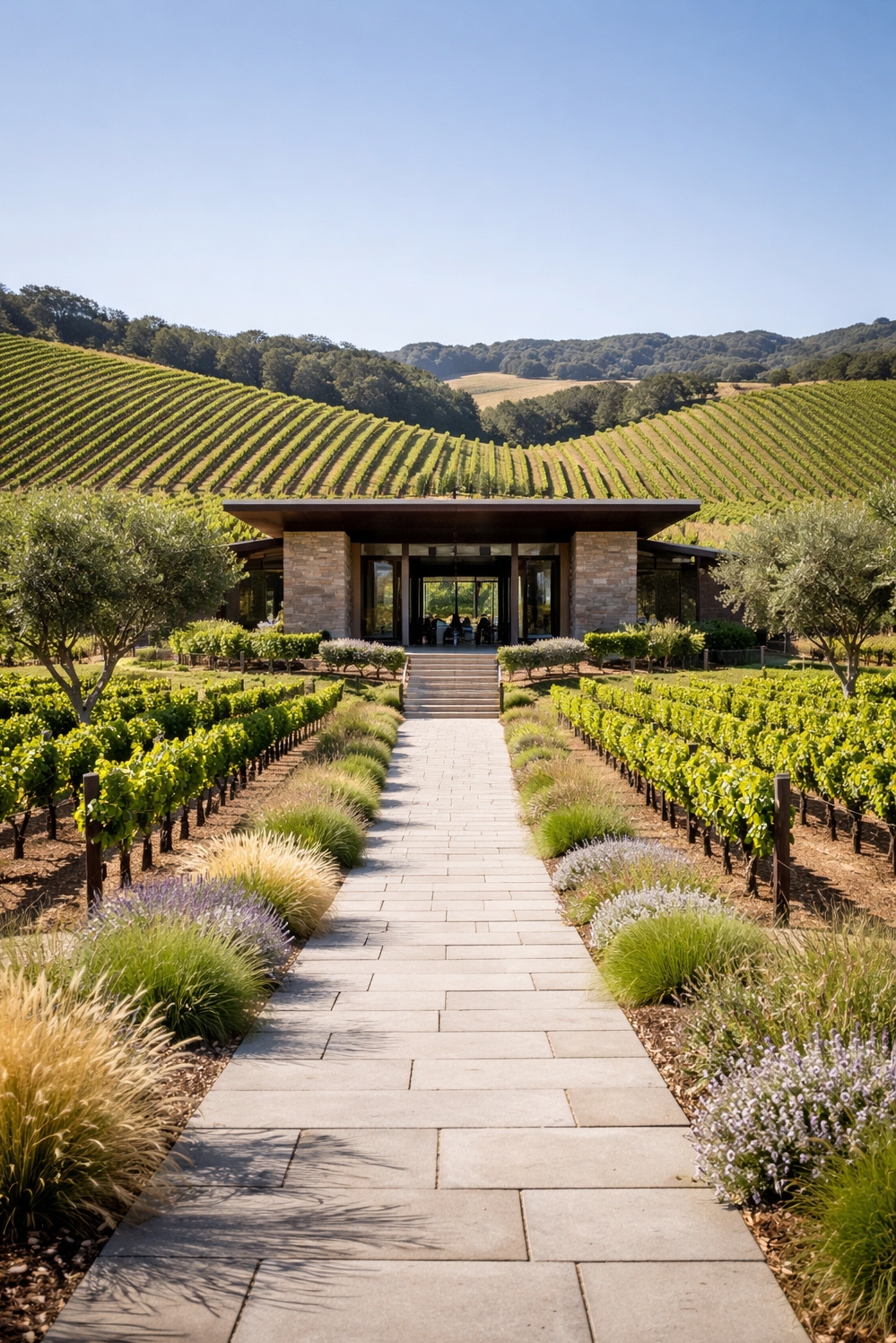 Modern landscape architecture - Vineyard Design: Structured Green Rows - The vineyard design at this winery showcases modern...
